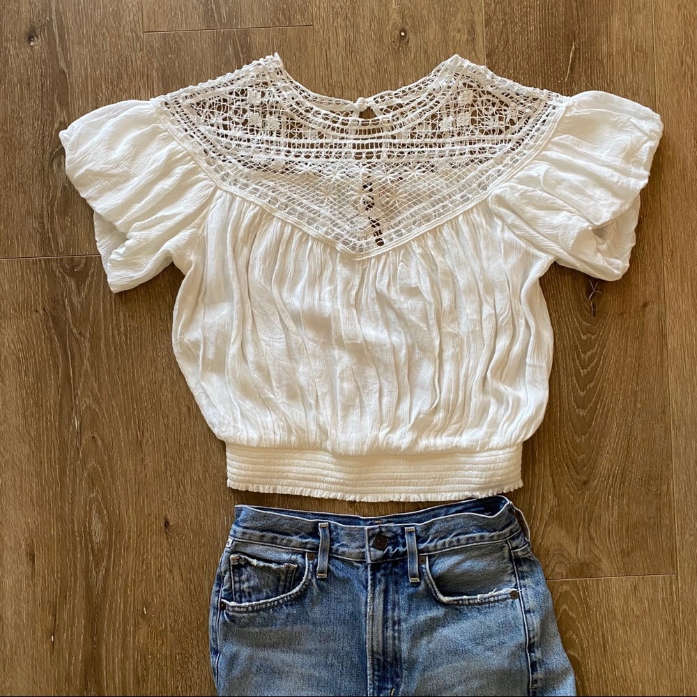 NWT FREE PEOPLE CROCHET BUBBLE HEM SMOCKED TOP